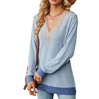 Women's Lace Trim V Neck Color Block Tunic Top Long Sleeve Side Split Hem Daily Casual Shirts