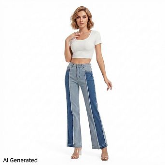 Women’s Trendy Color Block Patchwork Jeans, Two‑Tone Straight Leg Denim Pants
