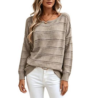 Women's Sweater Soft Boat Neck Long Sleeve Oversized Crochet Pullover Fall Knit Tops