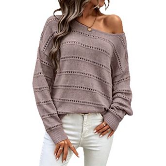 Women's Sweater Soft Boat Neck Long Sleeve Oversized Crochet Pullover Fall Knit Tops