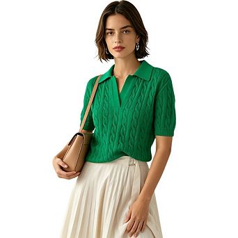 Womens Short Sleeve Sweater Tops Lapel V Neck Polo Shirts Cable Knit Loose Blouses Casual Outfits