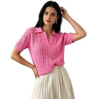 Womens Short Sleeve Sweater Tops Lapel V Neck Polo Shirts Cable Knit Loose Blouses Casual Outfits