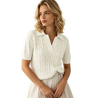 Womens Short Sleeve Sweater Tops Lapel V Neck Polo Shirts Cable Knit Loose Blouses Casual Outfits