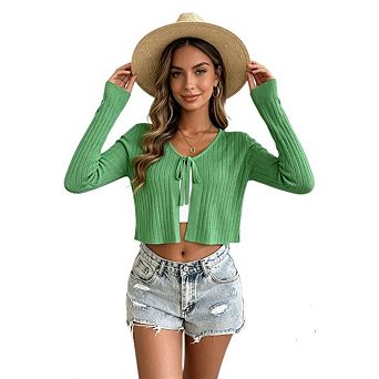 Womens Casual Tie Front Cropped Cardigan Long Sleeve Open Front Rib Knit Shrug Sweaters Crop Tops