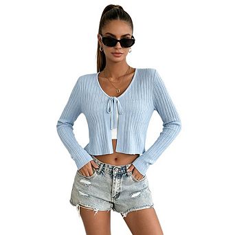 Womens Casual Tie Front Cropped Cardigan Long Sleeve Open Front Rib Knit Shrug Sweaters Crop Tops