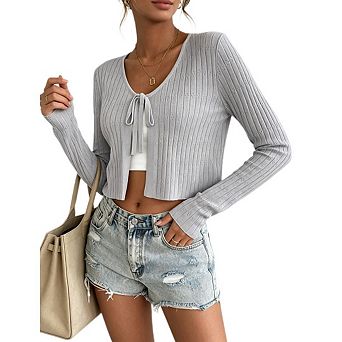 Womens Casual Tie Front Cropped Cardigan Long Sleeve Open Front Rib Knit Shrug Sweaters Crop Tops