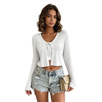 Womens Casual Tie Front Cropped Cardigan Long Sleeve Open Front Rib Knit Shrug Sweaters Crop Tops