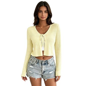 Womens Casual Tie Front Cropped Cardigan Long Sleeve Open Front Rib Knit Shrug Sweaters Crop Tops