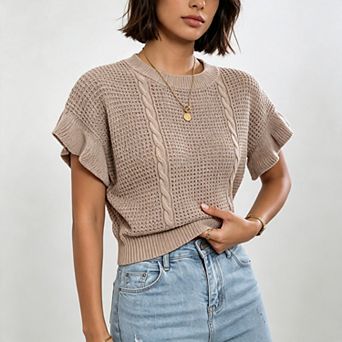 Womens Short Sleeve Sweaters Ruffle Crewneck Pullover Sweater Casual Lightweight Summer Tops