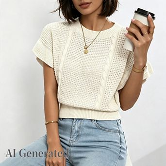 Womens Short Sleeve Sweaters Ruffle Crewneck Pullover Sweater Casual Lightweight Summer Tops