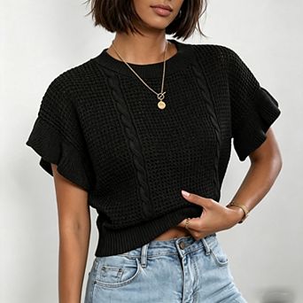 Womens Short Sleeve Sweaters Ruffle Crewneck Pullover Sweater Casual Lightweight Summer Tops