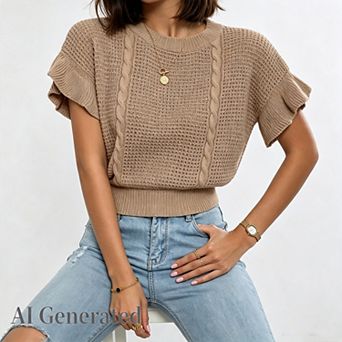 Womens Short Sleeve Sweaters Ruffle Crewneck Pullover Sweater Casual Lightweight Summer Tops