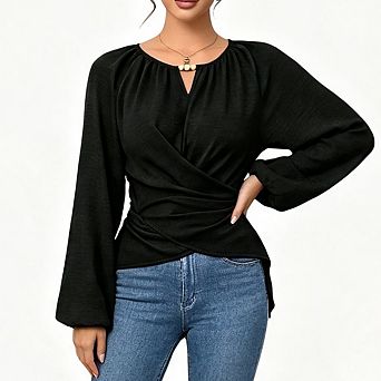 Women's Cross Wrap Front Lantern Sleeve Blouse Tie Back Elegant Dressy Casual Tops