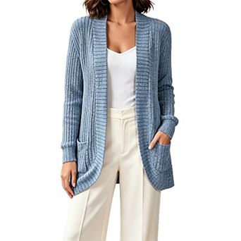 Women Open Front Knit Cardigan Long Sleeve Ribbed Casual Sweater Coat with Pockets