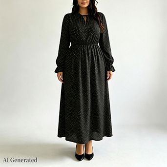 Womens Plus Size Polka Dot Long Sleeve Maxi Dress, Casual Tie Neck Elastic Waist Flowy Party Dresses