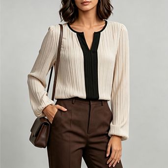 Women's Pleated Textured v-Neck Lantern Long Sleeve Blouse, Elegant Business Casual Top