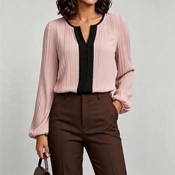 Women's Pleated Textured v-Neck Lantern Long Sleeve Blouse, Elegant Business Casual Top