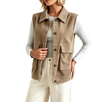 Women Sleeveless Vest Jacket Lapel Button Down Patchwork Casual Waistcoat with Pockets