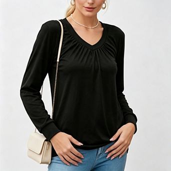 Women's Long‑Sleeve Ruched v‑Neck Fall Shirt, Dressy Casual Top