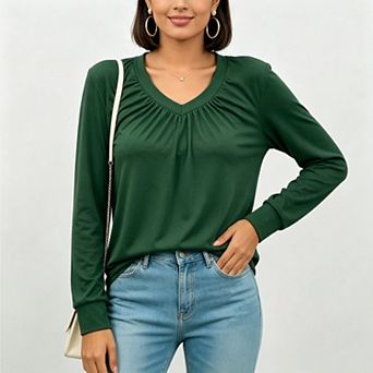 Women's Long‑Sleeve Ruched v‑Neck Fall Shirt, Dressy Casual Top