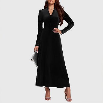 Women Maxi Velvet Dress Casual v Neck Long Sleeve High Waist a Line Flowy Long Party Dress