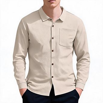 Mens Long Sleeve Button Down Shirt Textured Roll Tab Sleeve Chest Pocket Casual Tops