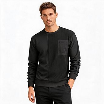 Mens Crew Neck Sweatshirt Patchwork Long Sleeve Tops Chest Pocket Casual Pullover For Daily Outdoor