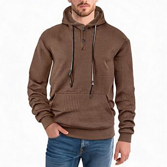 Mens Hooded Sweatshirt Henley Button Collar Textured Long Sleeve Pullover Kangaroo Pocket Casual Top