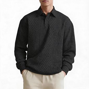 Mens Long Sleeve Polo Shirt Jacquard Textured Collared Tops Button Placket Casual Shirts