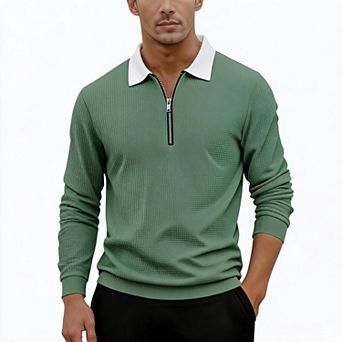 Mens Long Sleeve Polo Shirt Waffle Knit Quarter Zip Contrast Collar Tops Casual Pullover