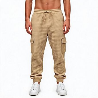 Mens Cargo Jogger Pants Waffle Knit Drawstring Waist Trousers With Multi Pockets For Travel Casual
