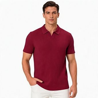 Mens Short Sleeve Polo Shirt Vertical Ribbed Johnny Collar V Neck Top For Business Casual Daily