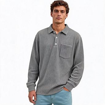 Mens Long Sleeve Polo Shirt Ribbed Collared Pullover Top With Chest Pocket For Fall Winter Casual
