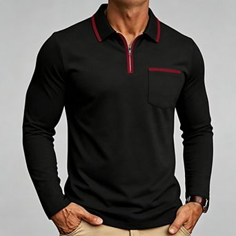 Men's Long Sleeve Polo Shirt Cotton Blend Contrast Trim Regular Fit Casual Top