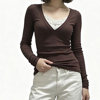 Women V Neck Long Sleeve Fitted Top Solid Stretch Knit Layering Basic Casual Blouse Shirt