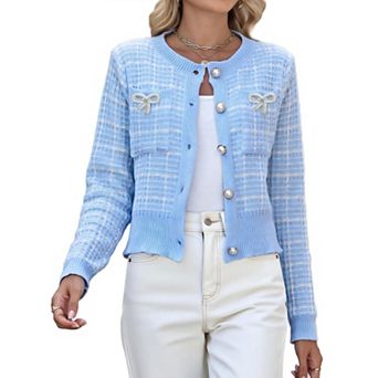 Women's Cropped Sweaters with Pearl Button Long Sleeve Lightweight Open Front Knit Cardigans