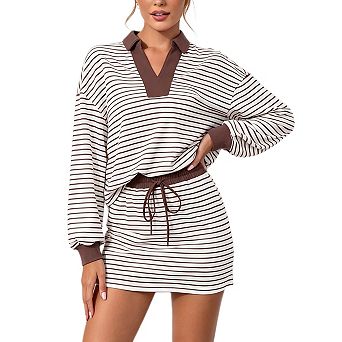 Womens Striped 2 pc Outfits Polo Sweatshirt Skirt Set Casual Long Sleeve Workout Skort Set