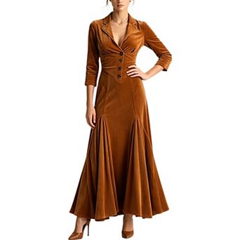 Women's Velvet Collared V Neck Maxi Dress Long Sleeve High Waist A-line Cocktail Party Long Dress