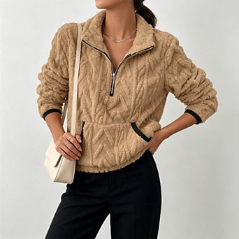 Women's Quarter‑Zip Cable Textured Sherpa Fleece Pullover, Fall Warm Oversized Fuzzy Sweatshirt