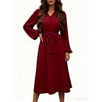 Womens Maxi Belt Dresses Casual v Neck Elegant Long Lantern Sleeve High Waist Wedding Guest Outfits