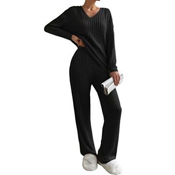 ATTRACO Women Ribbed V Neck Loungewear Set Long Sleeve Top Wide Leg Pants 2 pc Outfit