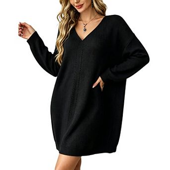 Attraco Women's V‑Neck Knit Sweater Dress Long Sleeve Loose Mini Pullover Dress