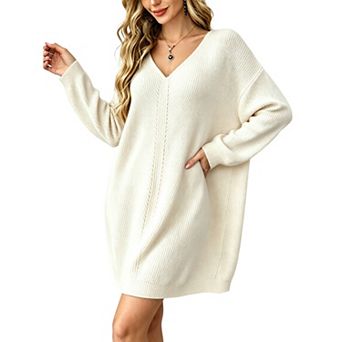 Attraco Women's V‑Neck Knit Sweater Dress Long Sleeve Loose Mini Pullover Dress
