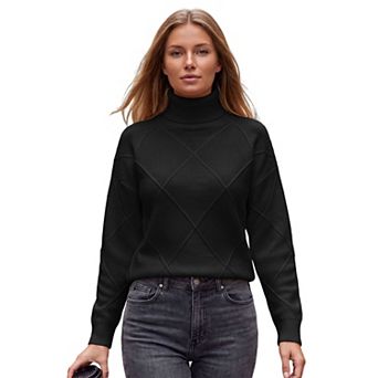 Attraco Women's Turtleneck Sweater Diamond Knit Long Sleeve Loose Pullover
