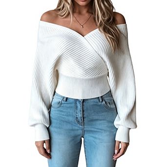 Women's Off The Shoulder Sweaters Elegant Knit Pullover Wrap Crop Tops Fall Outfits
