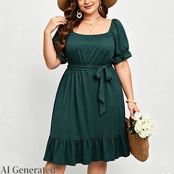 Womens Plus Size Square Neck Ruffle Hem Summer Dresses a-Line Cocktail Boho Cute Midi Dress