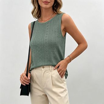 Women Crochet Sleeveless Eyelet Embroidery Crew Neck Tops Lightweight Dressy Vacation Shirt