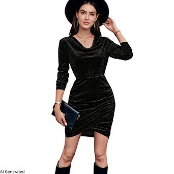 Women's Long Sleeve High Waist Ruched Wedding Guest Evening Velvet Dress