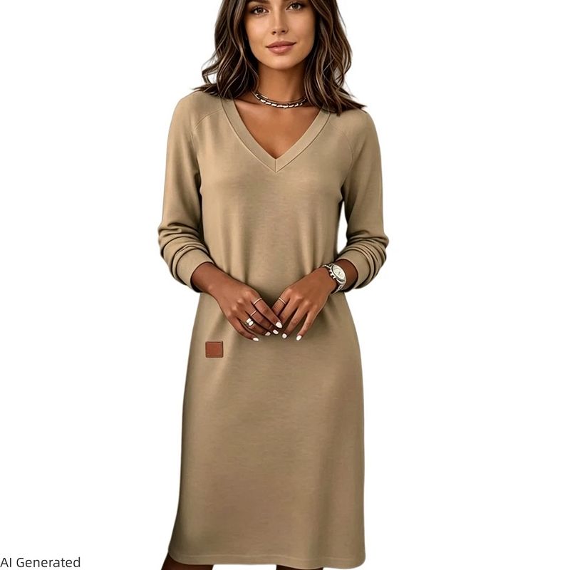 Women V Neck Long Sleeve Loose Fit Casual Shirt Dress