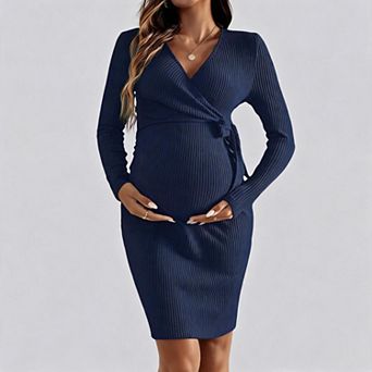 Women's Maternity V-Neck Long Sleeve Ribbed Knit Bodycon Nursing Dress with Tie